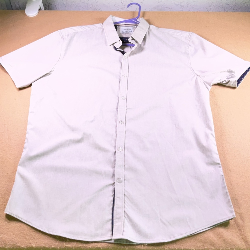 Craft + Flow Mens XL Short Sleeve Button Down Shirt Tan Stretch Contrast Trim